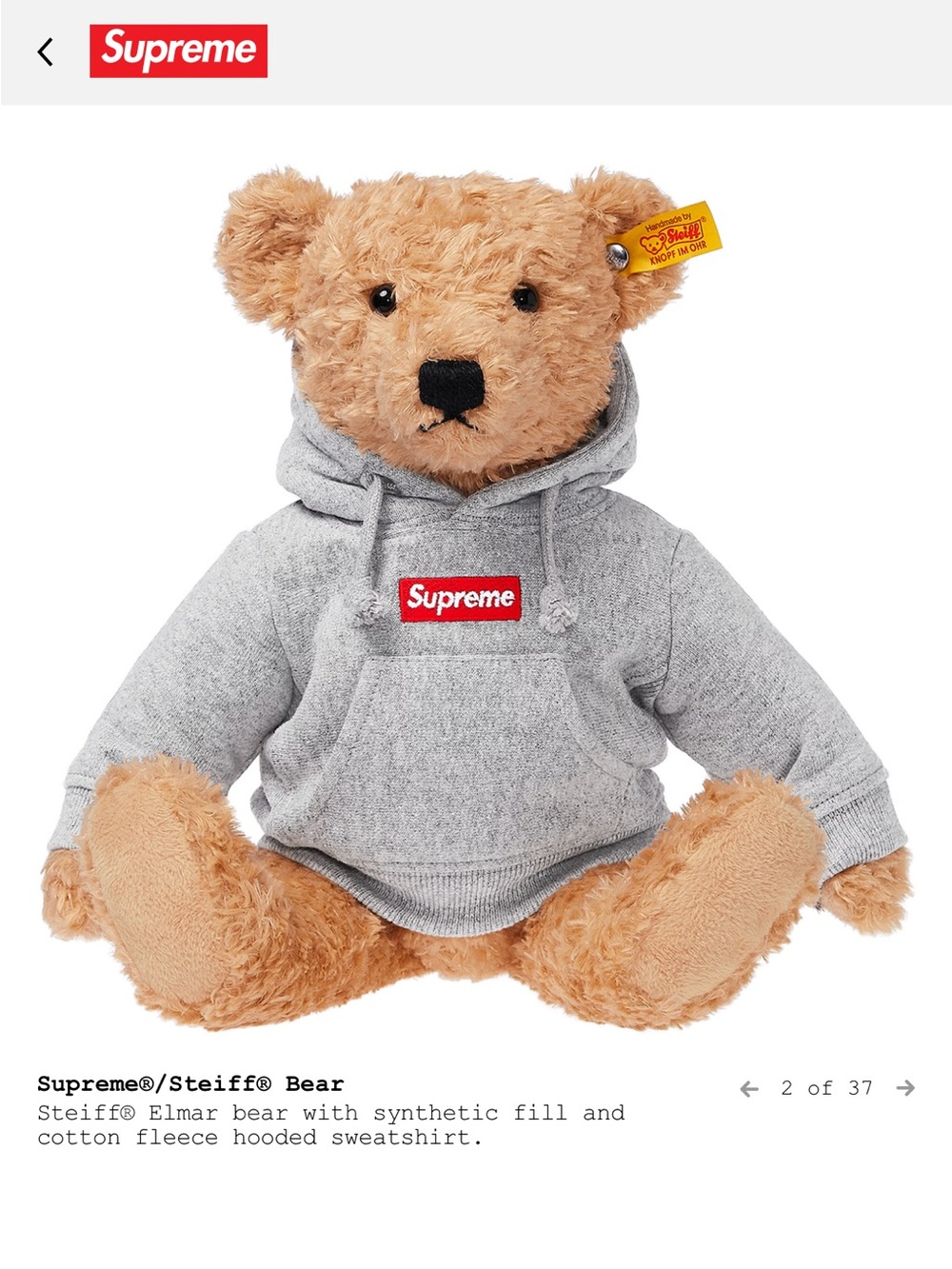 Supreme designer Gray Hoodie Teddy Bear Plush